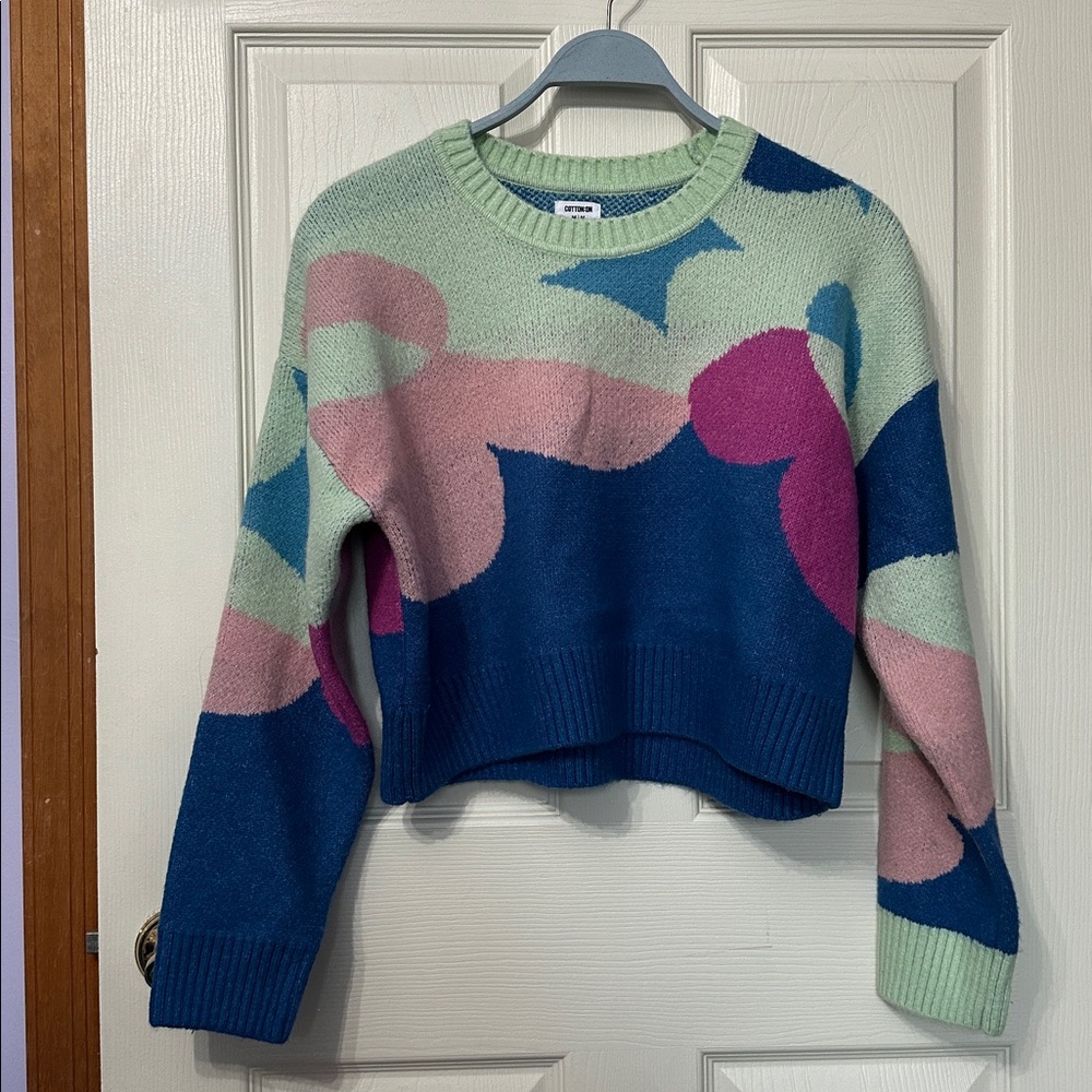 Cotton On Women's Abstract Pattern Knit Sweater Colorful Crew Neck Pullover Top